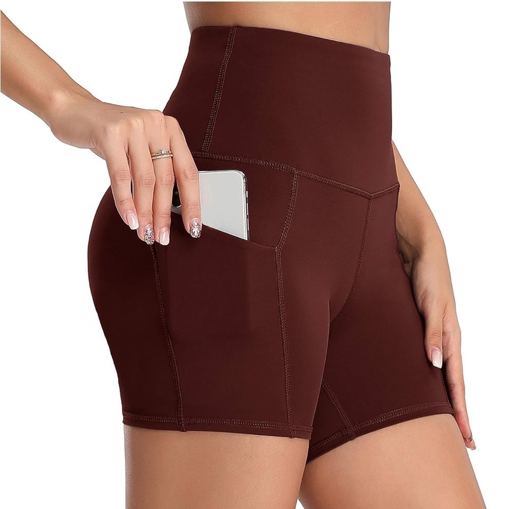 Oalka‎ Women's Shorts Side Pockets High Waist Workout spandex Shorts Brown Large